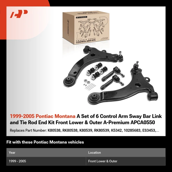 1999-2005 Pontiac Montana A Set of 6 Control Arm Sway Bar Link and Tie Rod End Kit Front Lower & Outer A-Premium APCA0550