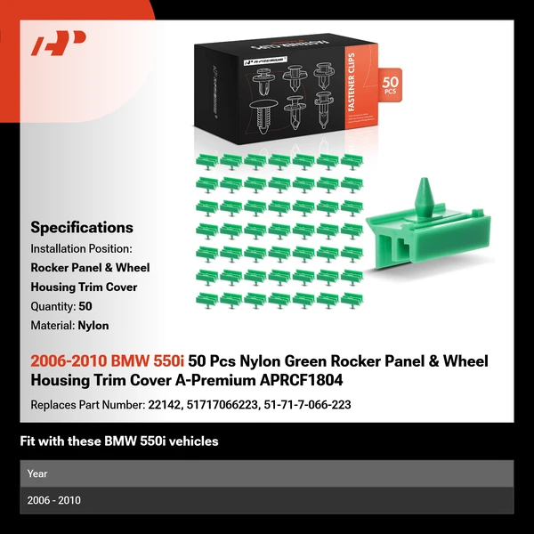 2006-2010 BMW 550i 50 Pcs Nylon Green Rocker Panel & Wheel Housing Trim Cover A-Premium APRCF1804