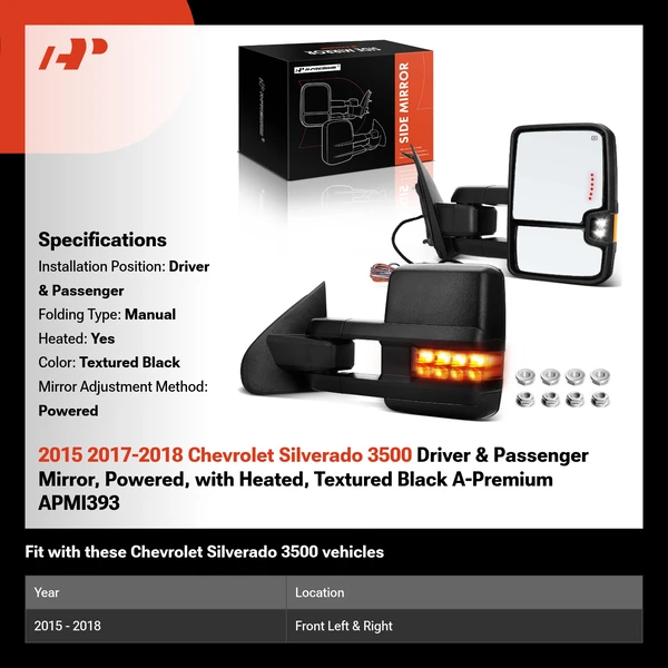 2015 2017-2018 Chevrolet Silverado 3500 Driver & Passenger Mirror, Powered, with Heated, Textured Black A-Premium APMI393