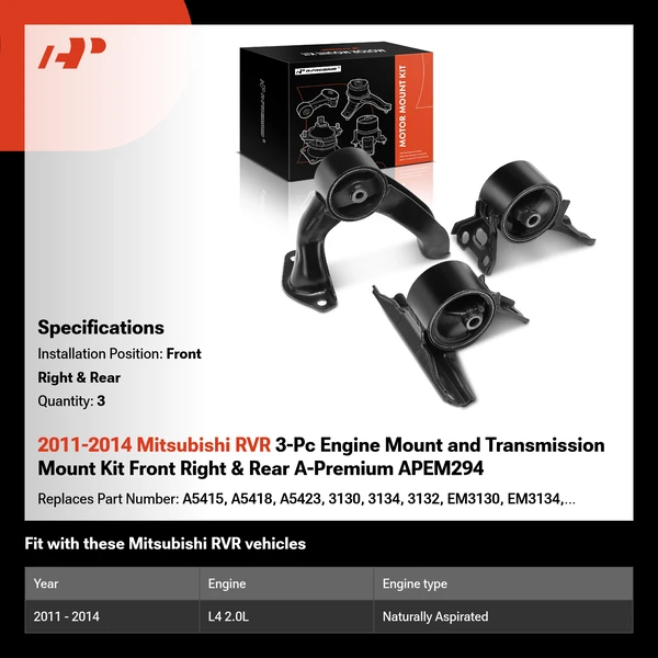 2011-2014 Mitsubishi RVR 3-Pc Engine Mount and Transmission Mount Kit Front Right & Rear A-Premium APEM294
