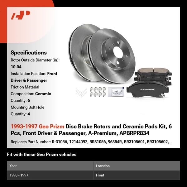 1993-1997 Geo Prizm Disc Brake Rotors and Ceramic Pads Kit, 6 Pcs, Front Driver & Passenger, A-Premium, APBRPR834