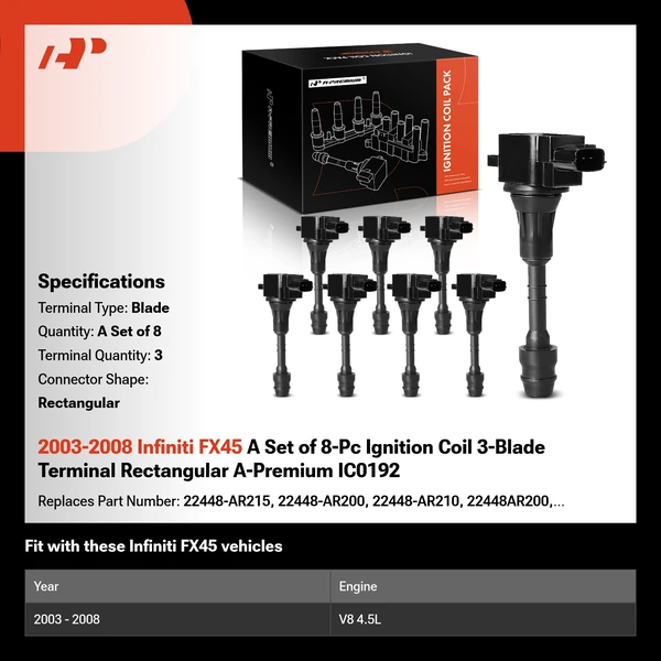 2003-2008 Infiniti FX45 A Set of 8-Pc Ignition Coil 3-Blade Terminal Rectangular A-Premium IC0192