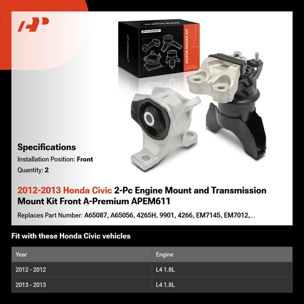 2012-2013 Honda Civic 2-Pc Engine Mount and Transmission Mount Kit Front A-Premium APEM611