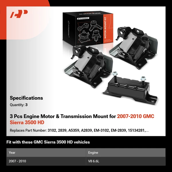 3 Pcs Engine Motor & Transmission Mount for 2007-2010 GMC Sierra 3500 HD