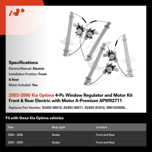 2003-2006 Kia Optima 4-Pc Window Regulator and Motor Kit Front & Rear Electric with Motor A-Premium APWR2711