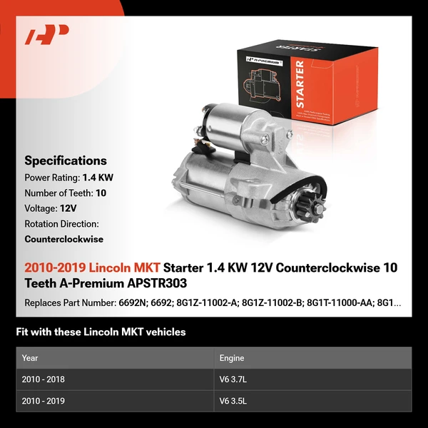 2010-2019 Lincoln MKT Starter 1.4 KW 12V Counterclockwise 10 Teeth A-Premium APSTR303