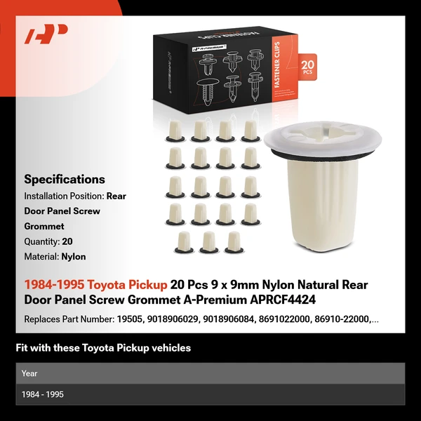 1984-1995 Toyota Pickup 20 Pcs 9 x 9mm Nylon Natural Rear Door Panel Screw Grommet A-Premium APRCF4424