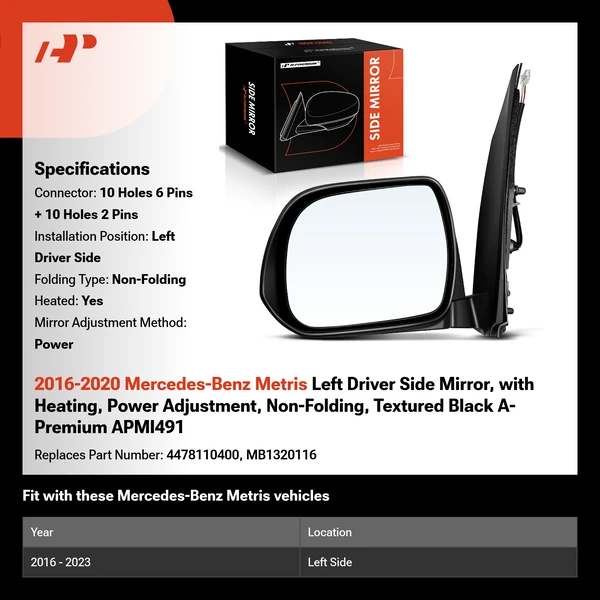 2016-2020 Mercedes-Benz Metris Left Driver Side Mirror, with Heating, Power Adjustment, Non-Folding, Textured Black A-Premium APMI491