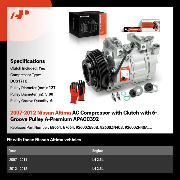 2007-2012 Nissan Altima AC Compressor with Clutch with 6-Groove Pulley A-Premium APACC392