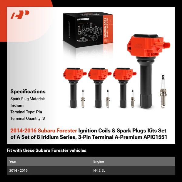 2014-2016 Subaru Forester Ignition Coils & Spark Plugs Kits Set of A Set of 8 Iridium Series, 3-Pin Terminal A-Premium APIC1551