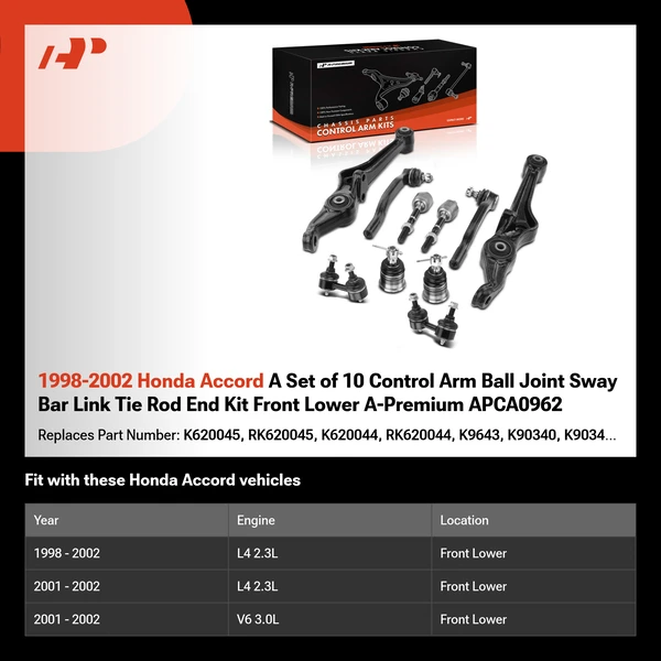 1998-2002 Honda Accord A Set of 10 Control Arm Ball Joint Sway Bar Link Tie Rod End Kit Front Lower A-Premium APCA0962