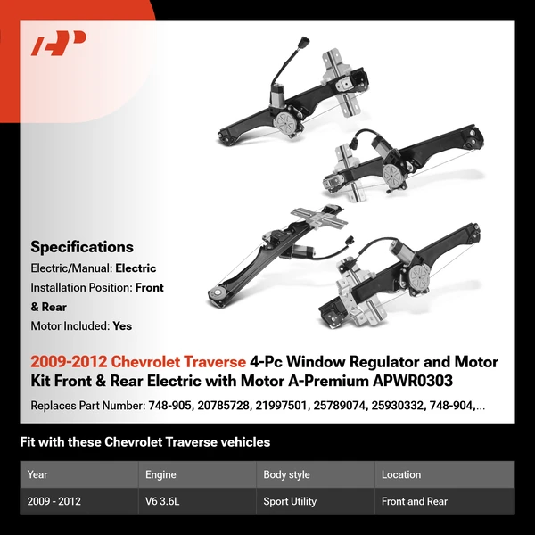 2009-2012 Chevrolet Traverse 4-Pc Window Regulator and Motor Kit Front & Rear Electric with Motor A-Premium APWR0303