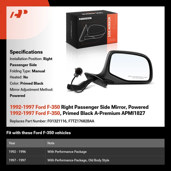 1992-1997 Ford F-350 Right Passenger Side Mirror, Powered 1992-1997 Ford F-350, Primed Black A-Premium APMI1827