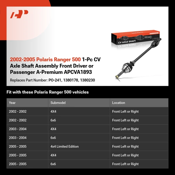 2002-2005 Polaris Ranger 500 1-Pc CV Axle Shaft Assembly Front Driver or Passenger A-Premium APCVA1893