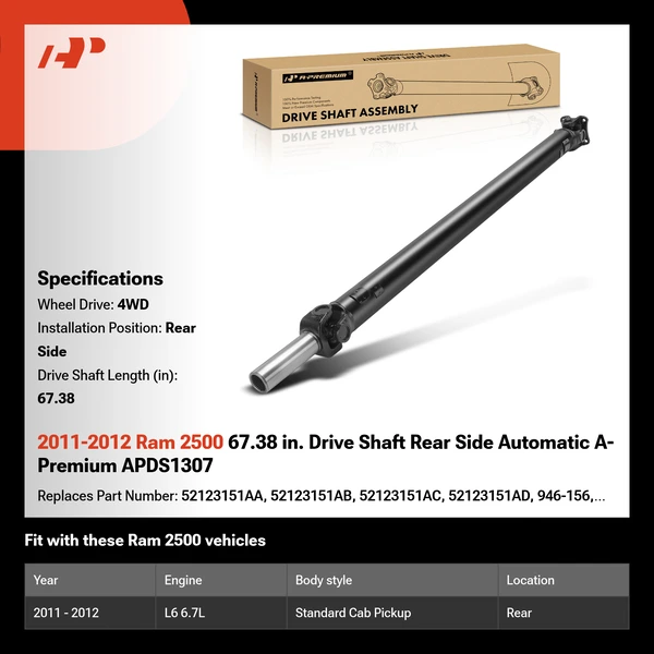2011-2012 Ram 2500 67.38 in. Drive Shaft Rear Side Automatic A-Premium APDS1307