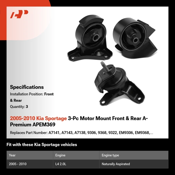 2005-2010 Kia Sportage 3-Pc Motor Mount Front & Rear A-Premium APEM369