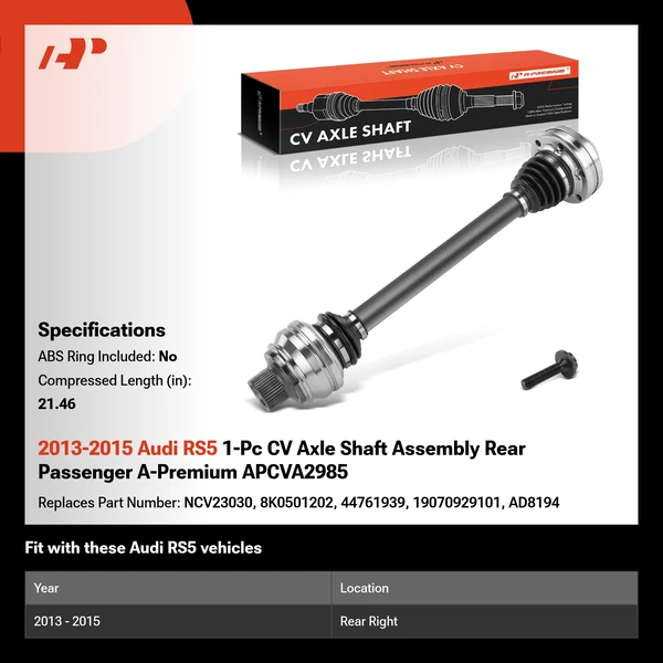 2013-2015 Audi RS5 1-Pc CV Axle Shaft Assembly Rear Passenger A-Premium APCVA2985