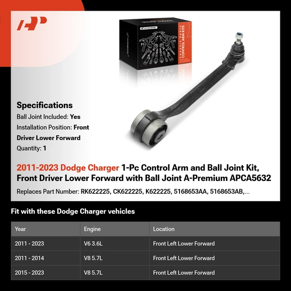 2011-2023 Dodge Charger 1-Pc Control Arm and Ball Joint Kit, Front Driver Lower Forward with Ball Joint A-Premium APCA5632