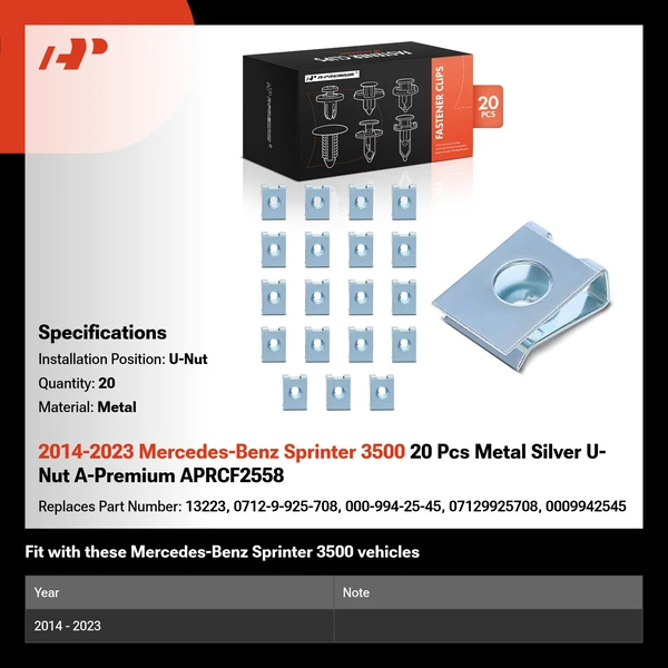 2014-2023 Mercedes-Benz Sprinter 3500 20 Pcs Metal Silver U-Nut A-Premium APRCF2558