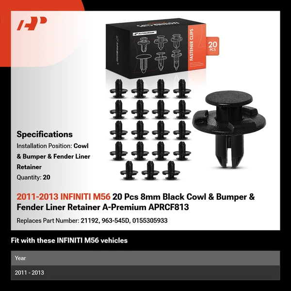 2011-2013 INFINITI M56 20 Pcs 8mm Black Cowl & Bumper & Fender Liner Retainer A-Premium APRCF813