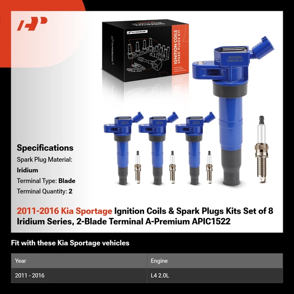 2011-2016 Kia Sportage Ignition Coils & Spark Plugs Kits Set of 8 Iridium Series, 2-Blade Terminal A-Premium APIC1522