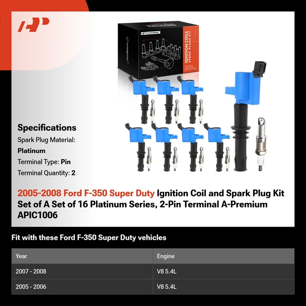 2005-2008 Ford F-350 Super Duty Ignition Coil and Spark Plug Kit Set of A Set of 16 Platinum Series, 2-Pin Terminal A-Premium APIC1006