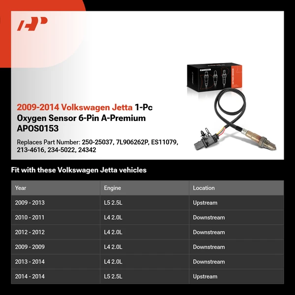 2009-2014 Volkswagen Jetta 1-Pc Oxygen Sensor 6-Pin A-Premium APOS0153