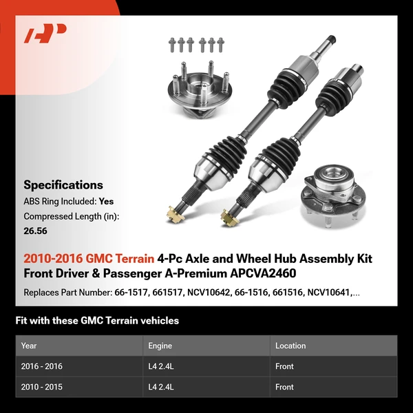 2010-2016 GMC Terrain 4-Pc Axle and Wheel Hub Assembly Kit Front Driver & Passenger A-Premium APCVA2460