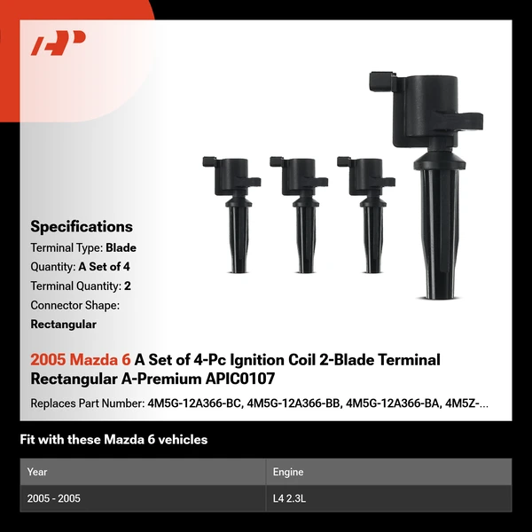 2005 Mazda 6 A Set of 4-Pc Ignition Coil 2-Blade Terminal Rectangular A-Premium APIC0107