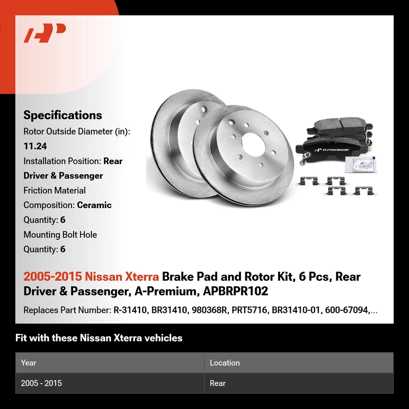 2005-2015 Nissan Xterra Brake Pad and Rotor Kit, 6 Pcs, Rear Driver & Passenger, A-Premium, APBRPR102