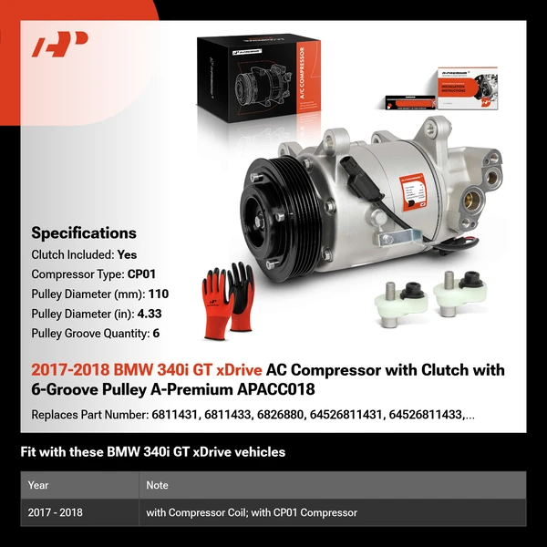 2017-2018 BMW 340i GT xDrive AC Compressor with Clutch with 6-Groove Pulley A-Premium APACC018