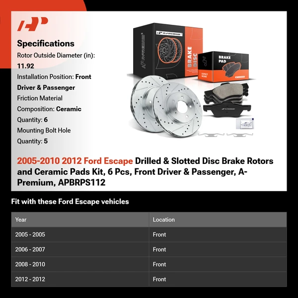 2005-2010 2012 Ford Escape Drilled & Slotted Disc Brake Rotors and Ceramic Pads Kit, 6 Pcs, Front Driver & Passenger, A-Premium, APBRPS112