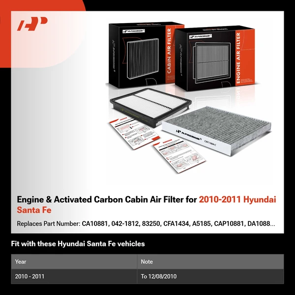 Engine & Activated Carbon Cabin Air Filter for 2010-2011 Hyundai Santa Fe