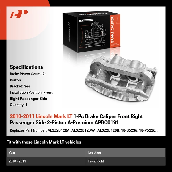 2010-2011 Lincoln Mark LT 1-Pc Brake Caliper Front Right Passenger Side 2-Piston A-Premium APBC0191