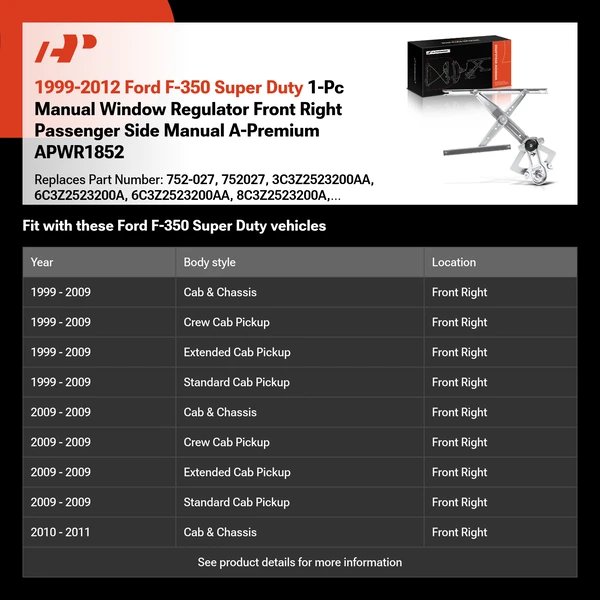 1999-2012 Ford F-350 Super Duty 1-Pc Manual Window Regulator Front Right Passenger Side Manual A-Premium APWR1852