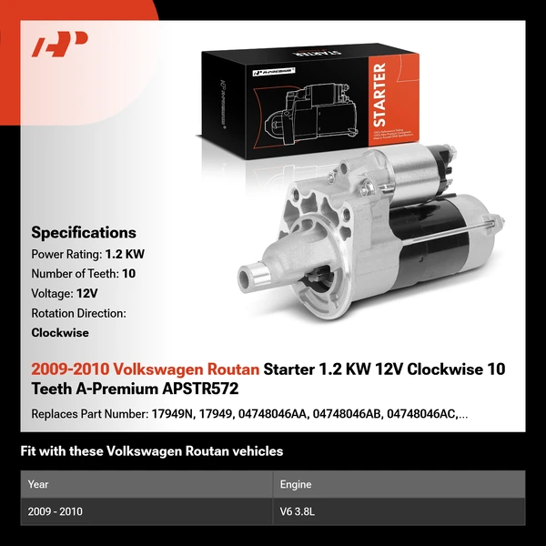 2009-2010 Volkswagen Routan Starter 1.2 KW 12V Clockwise 10 Teeth A-Premium APSTR572