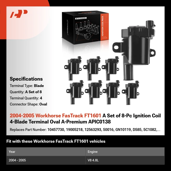 2004-2005 Workhorse FasTrack FT1601 A Set of 8-Pc Ignition Coil 4-Blade Terminal Oval A-Premium APIC0138