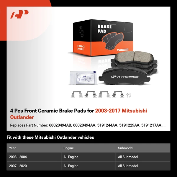 4 Pcs Front Ceramic Brake Pads for 2003-2004 2007-2020 Mitsubishi Outlander