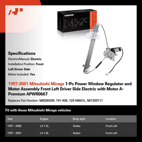 1997-2001 Mitsubishi Mirage 1-Pc Power Window Regulator and Motor Assembly Front Left Driver Side Electric with Motor A-Premium APWR0667