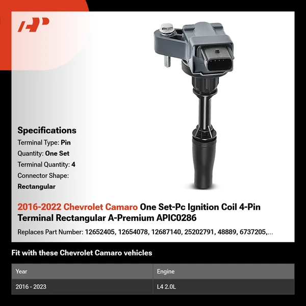 2016-2022 Chevrolet Camaro One Set-Pc Ignition Coil 4-Pin Terminal Rectangular A-Premium APIC0286