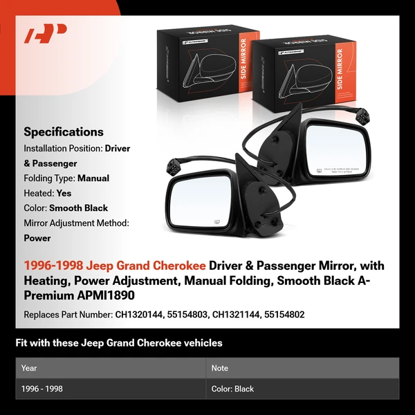 1996-1998 Jeep Grand Cherokee Driver & Passenger Mirror, with Heating, Power Adjustment, Manual Folding, Smooth Black A-Premium APMI1890