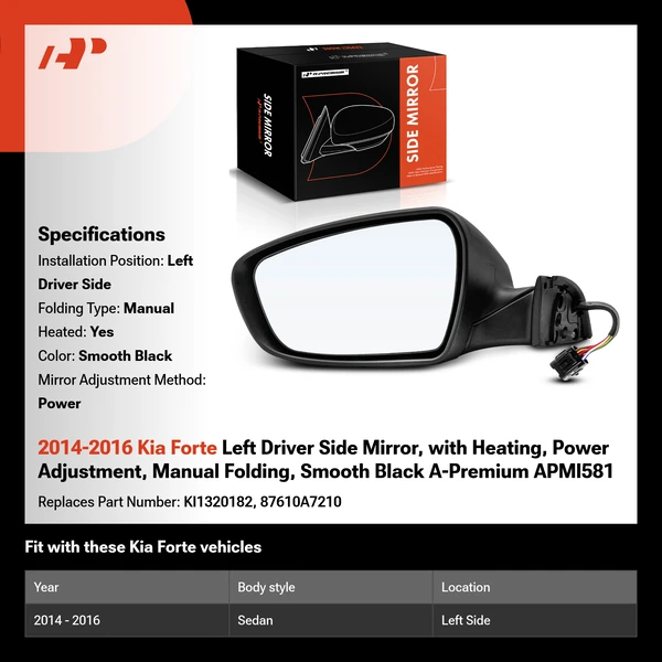 2014-2016 Kia Forte Left Driver Side Mirror, with Heating, Power Adjustment, Manual Folding, Smooth Black A-Premium APMI581