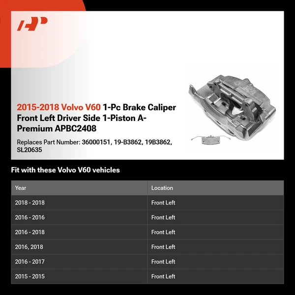 2015-2018 Volvo V60 1-Pc Brake Caliper Front Left Driver Side 1-Piston A-Premium APBC2408