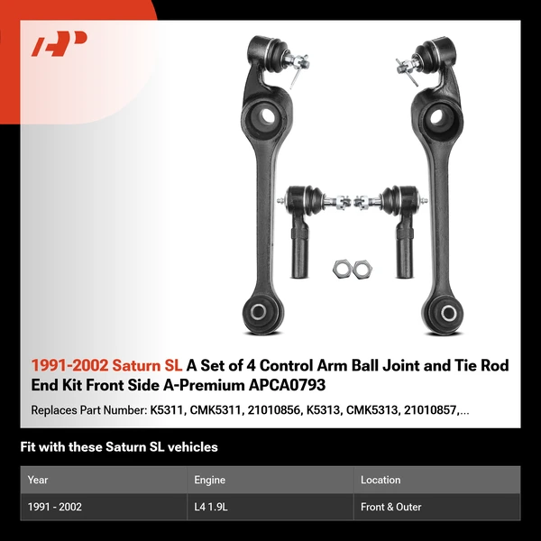 1991-2002 Saturn SL A Set of 4 Control Arm Ball Joint and Tie Rod End Kit Front Side A-Premium APCA0793