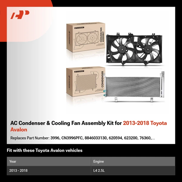 AC Condenser & Cooling Fan Assembly Kit for 2013-2018 Toyota Avalon