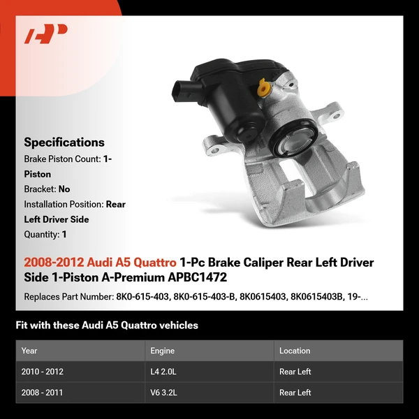 2008-2012 Audi A5 Quattro 1-Pc Brake Caliper Rear Left Driver Side 1-Piston A-Premium APBC1472