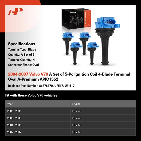 2004-2007 Volvo V70 A Set of 5-Pc Ignition Coil 4-Blade Terminal Oval A-Premium APIC1362