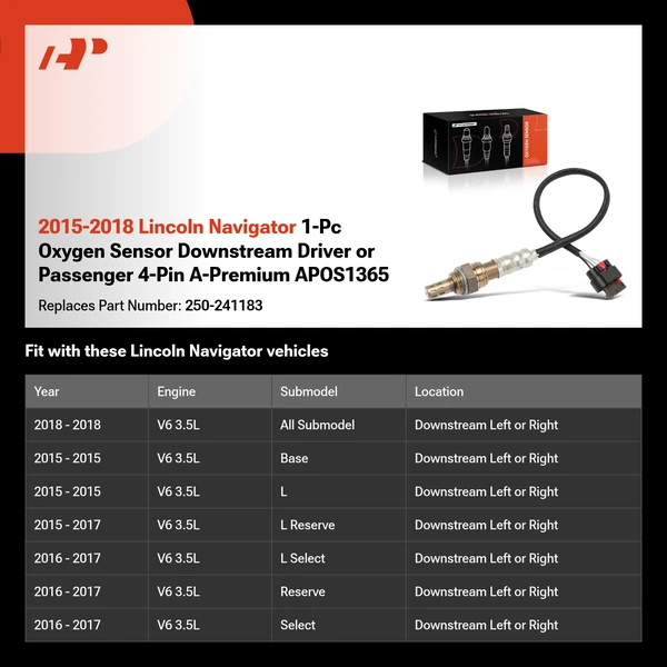 2015-2018 Lincoln Navigator 1-Pc Oxygen Sensor Downstream Driver or Passenger 4-Pin A-Premium APOS1365