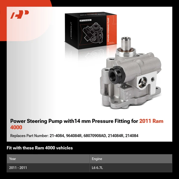 Power Steering Pump with14 mm Pressure Fitting for 2011 Ram 4000
