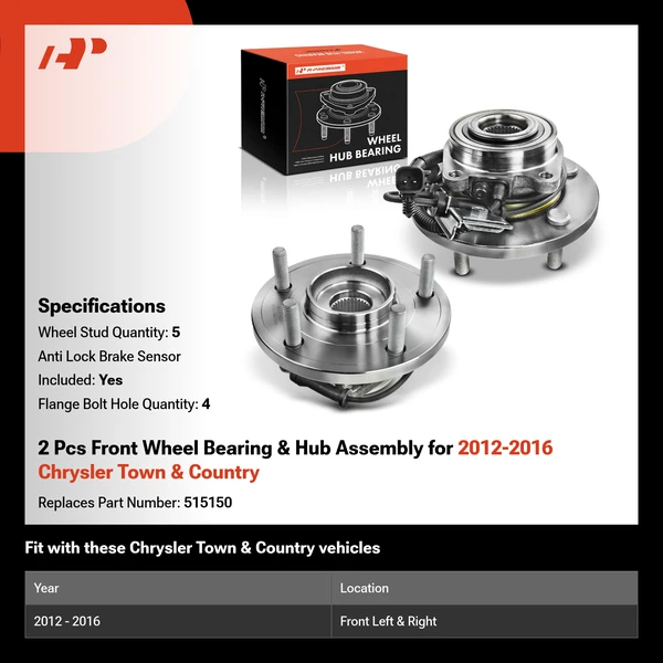 2 Pcs Front Wheel Bearing & Hub Assembly for 2012-2016 Chrysler Town & Country